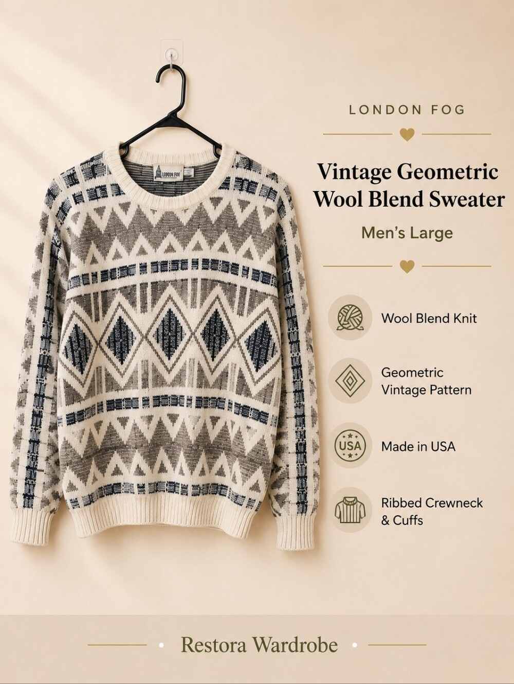 Vintage London Fog Grandpacore Geometric Wool Blend Crewneck Sweater L